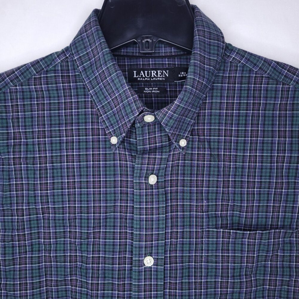 Lauren Ralph Lauren Dress Shirt Mens 16.5 Plaid Green, Blue Slim Fit Non Iron